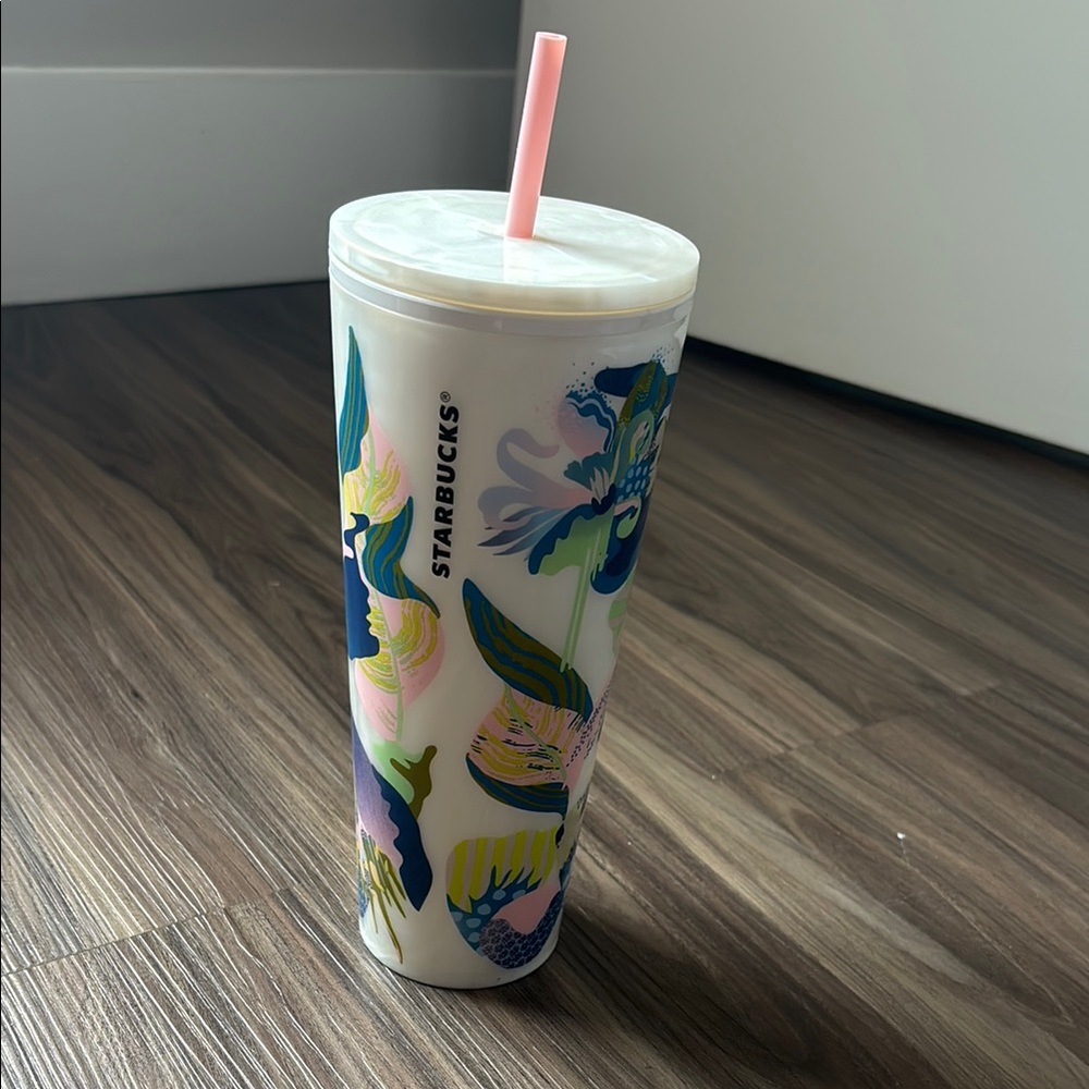 New Starbucks Summer 2024 White Pearl Marble Multicolor Floral Tumbler FLAW